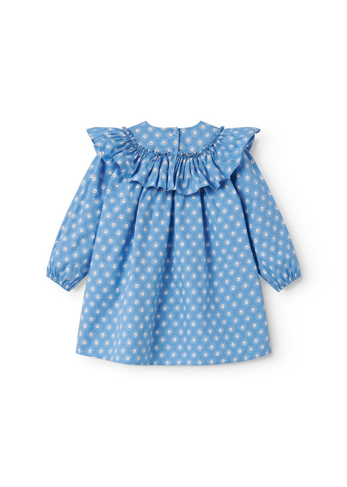 Blue children's dress with long sleeves, flounces, and small flowers.