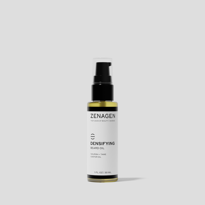Zenagen Densifying Beard Oil with castor oil, lightweight grooming oil designed to nourish, soften, and tame facial hair while supporting the appearance of a fuller, healthier-looking beard.