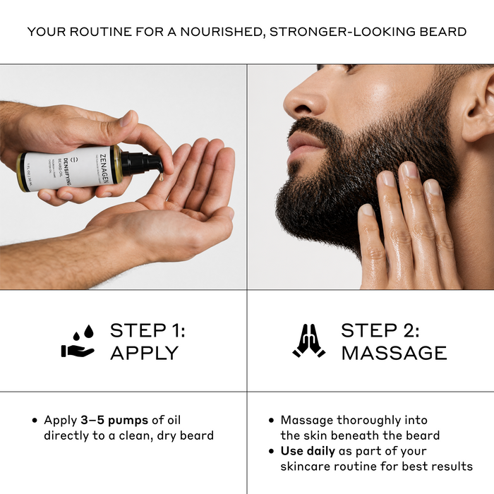 How to apply Zenagen Densifying Beard Oil by dispensing oil into hands and massaging into the beard for daily nourishment and conditioning.