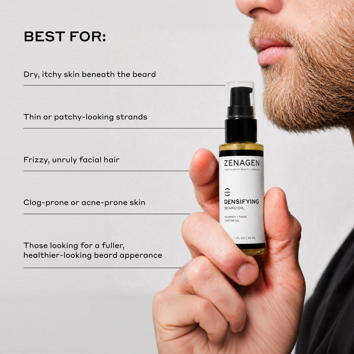 Zenagen Densifying Beard Oil for dry, itchy skin, patchy beards, frizzy facial hair, and a fuller, healthier-looking beard.