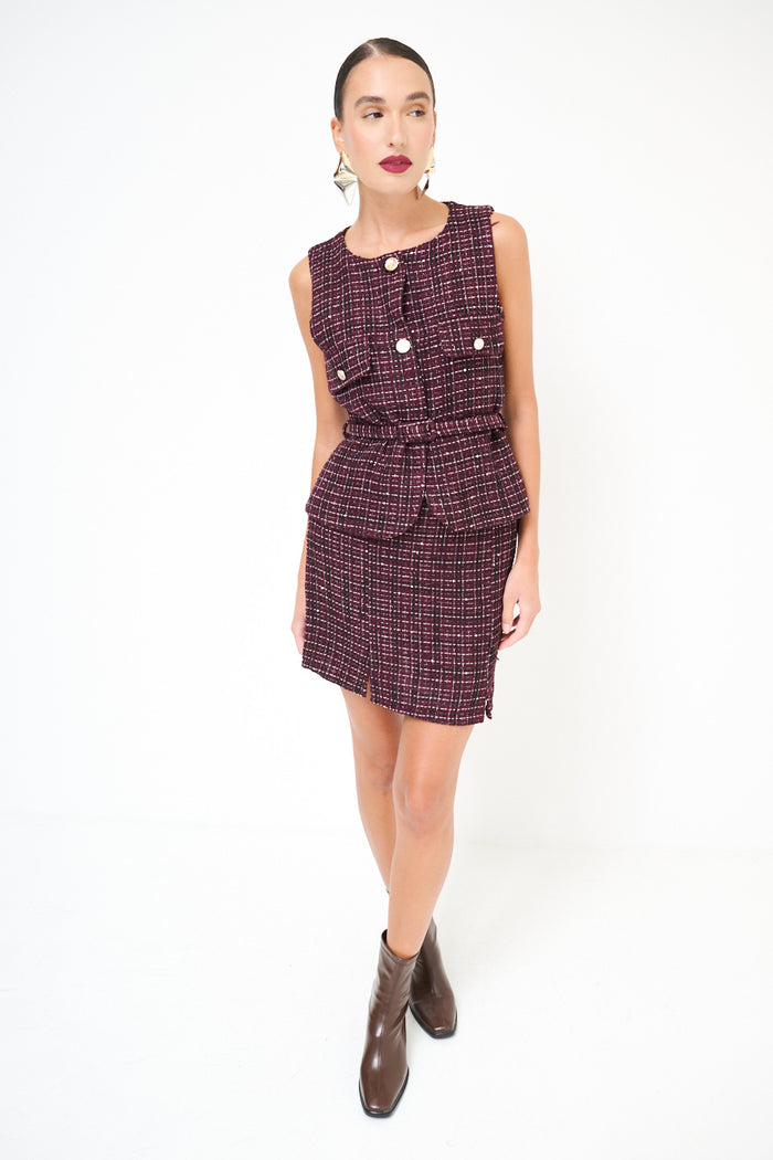 Detailes tweed mini skirt with front slit detail wholesale