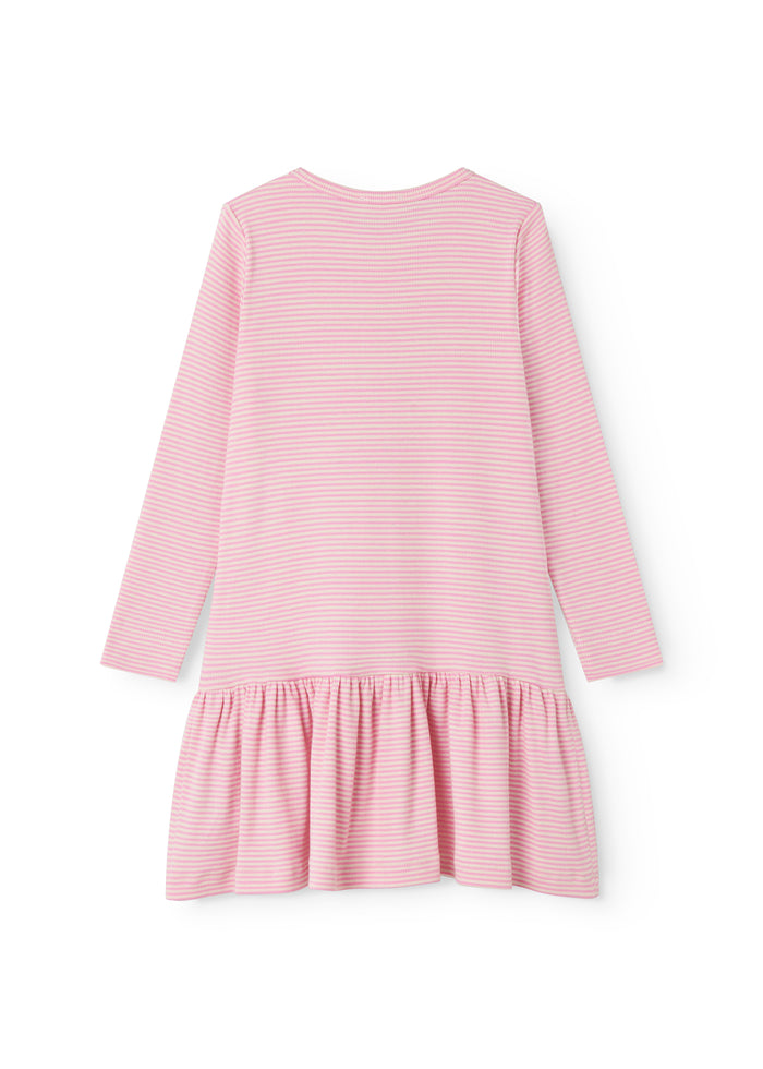Red striped children's dress with long sleeves and a skirt.