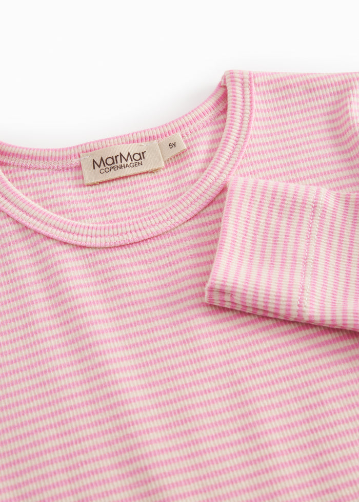 Red striped children's dress with long sleeves and a skirt.