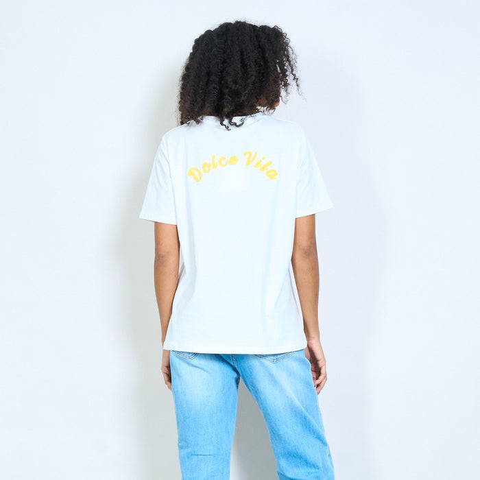 "Dolce vita" yellow chenille slogan back printed cotton t-shirt wholesale