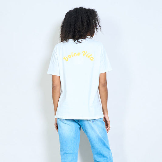 "Dolce vita" yellow chenille slogan back printed cotton t-shirt wholesale