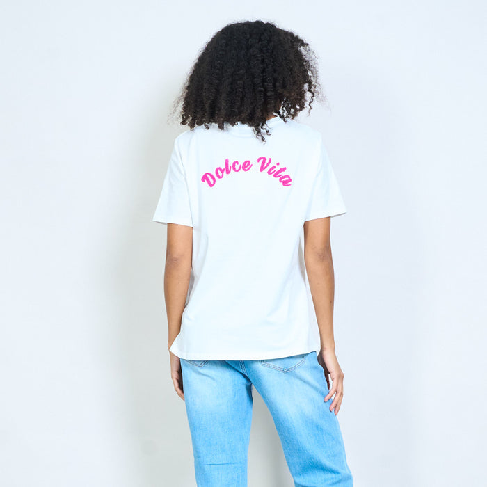 "Dolce vita" yellow chenille slogan back printed cotton t-shirt wholesale