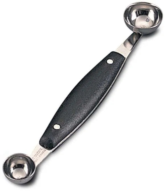 A double ball cutter with black plastic handles and stainless steel scoops of two different sizes.