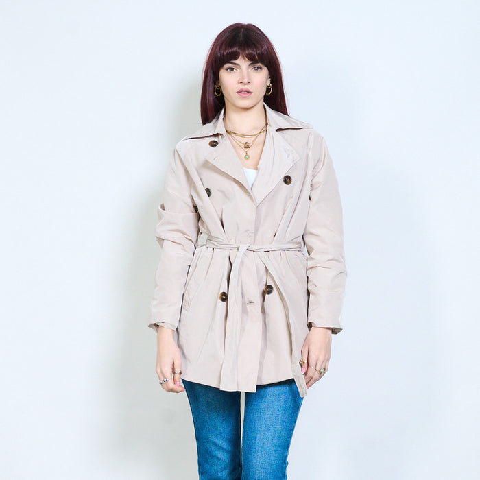 Double breasted belted structured long sleeve jacket wholesale