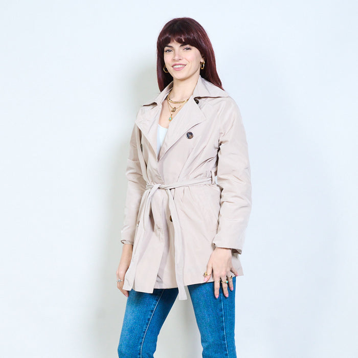Double breasted belted structured long sleeve jacket wholesale