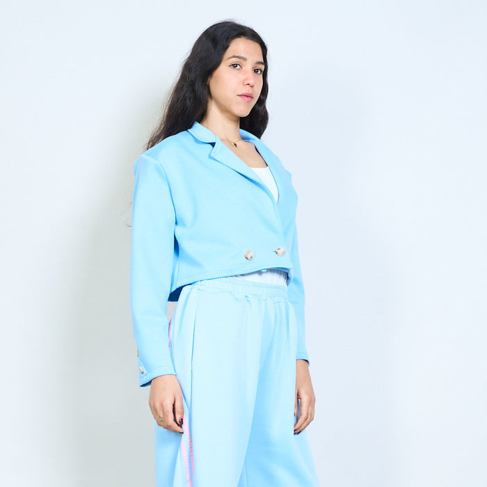 Double button cropped blazer with notched lapel wholesale