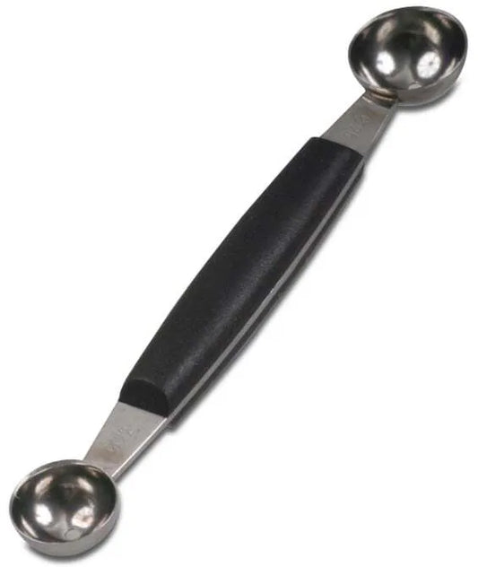 A double melon baller with black plastic handle and stainless steel scoops of two different sizes.