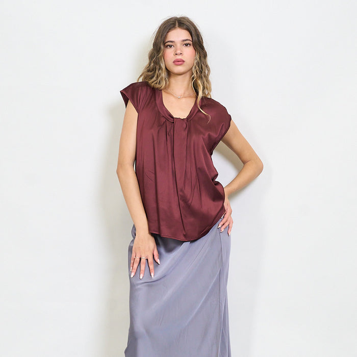 Draped front satin cap sleeve blouse wholesale