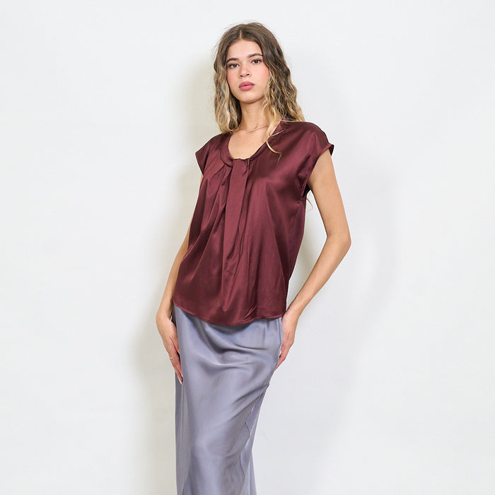Draped front satin cap sleeve blouse wholesale
