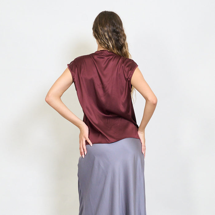 Draped front satin cap sleeve blouse wholesale