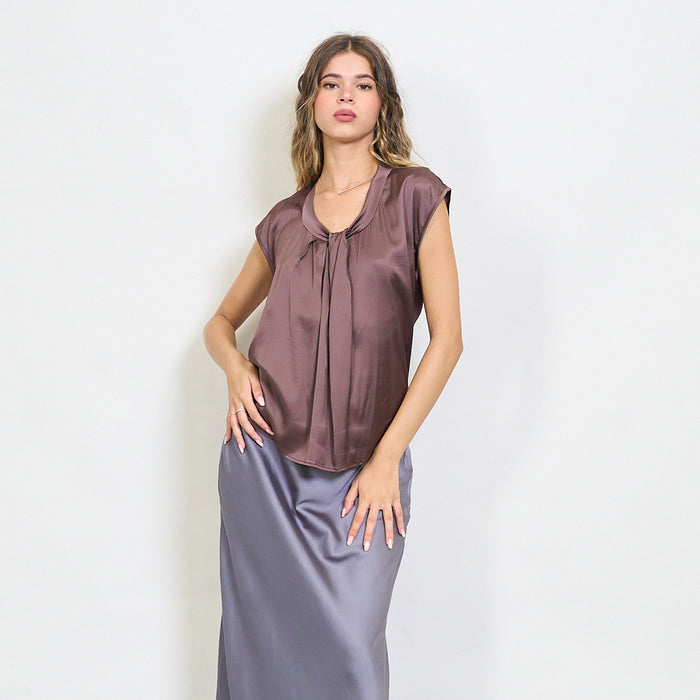Draped front satin cap sleeve blouse wholesale