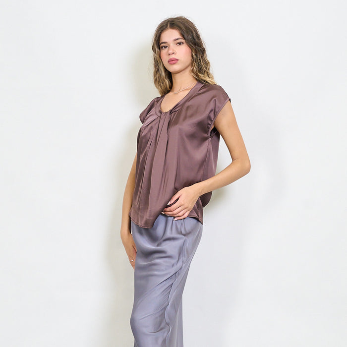 Draped front satin cap sleeve blouse wholesale