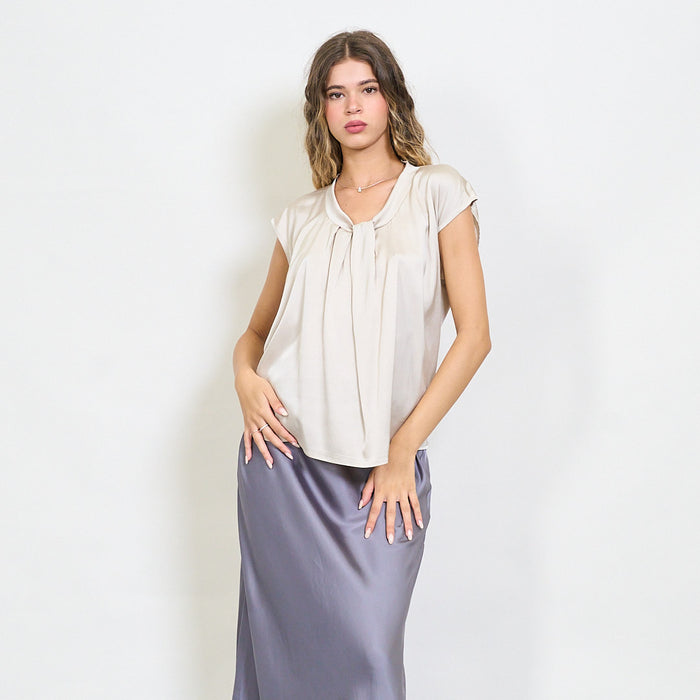 Draped front satin cap sleeve blouse wholesale