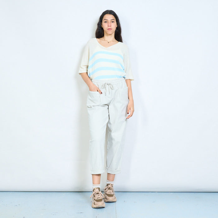 Drawstring elastic waist relaxed fit rolled hem trousers wholesale