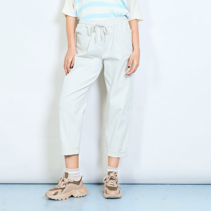 Drawstring elastic waist relaxed fit rolled hem trousers wholesale