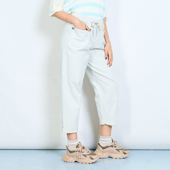 Drawstring elastic waist relaxed fit rolled hem trousers wholesale