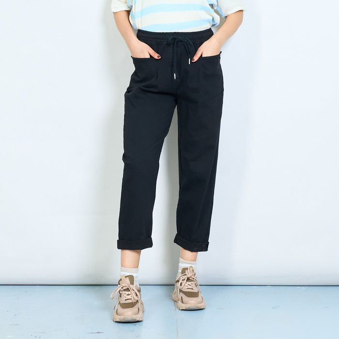 Drawstring elastic waist relaxed fit rolled hem trousers wholesale