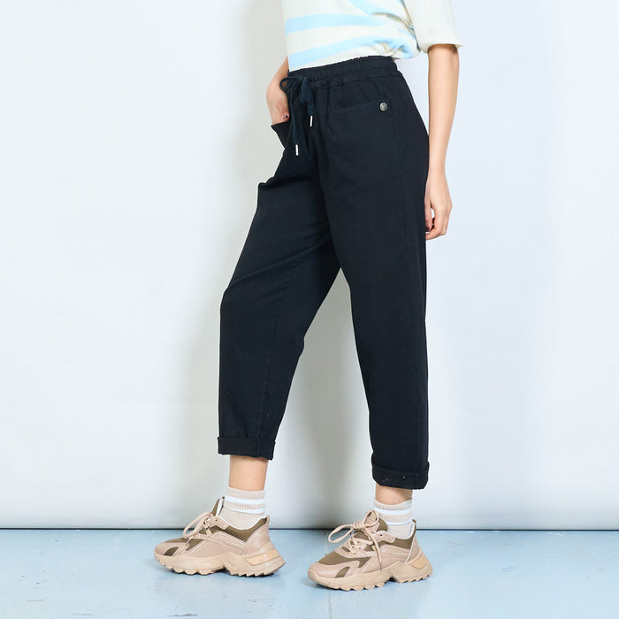 Drawstring elastic waist relaxed fit rolled hem trousers wholesale