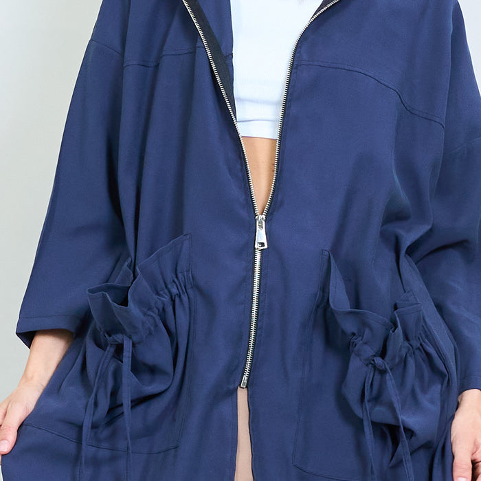 Drawstring hooded zip jacket with ruched sides wholesale