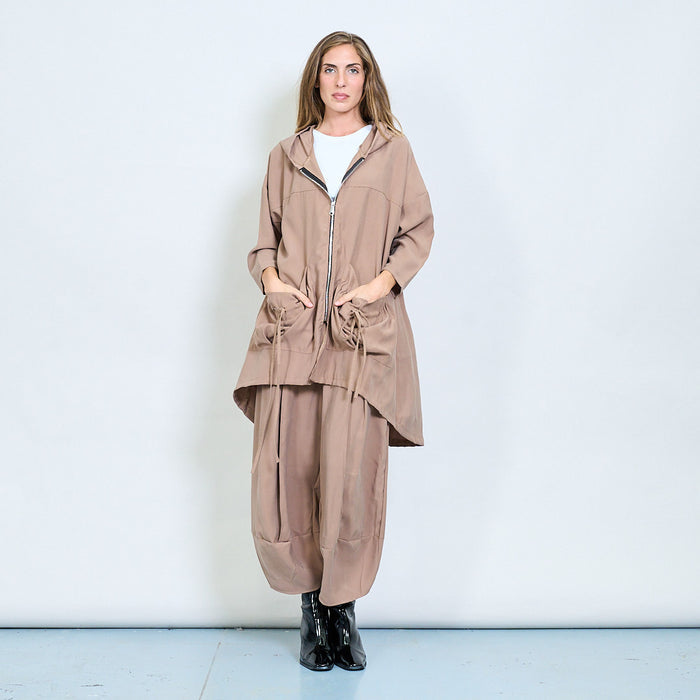 Drawstring hooded zip jacket with ruched sides wholesale
