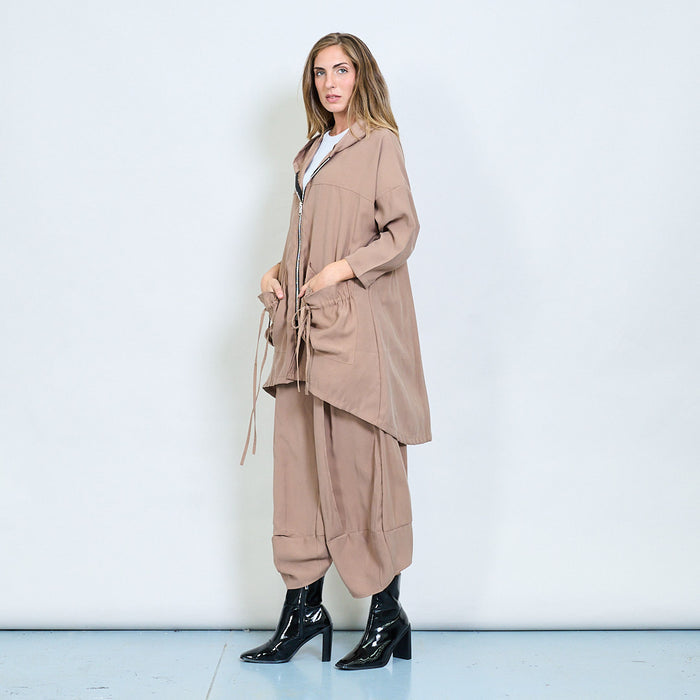 Drawstring hooded zip jacket with ruched sides wholesale