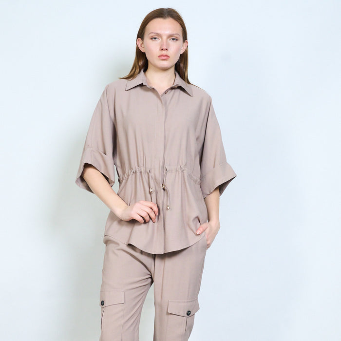 Drawstring waist short sleeve shirt blouse wholesale