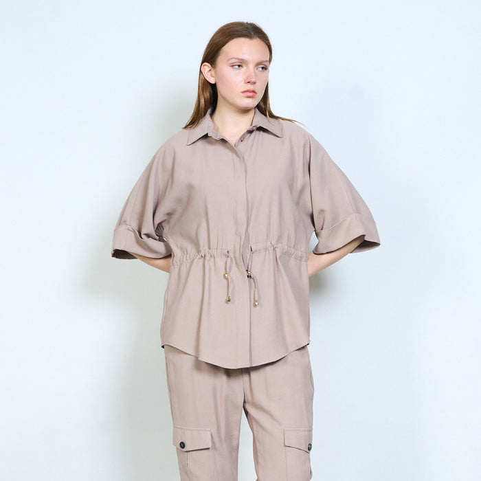 Drawstring waist short sleeve shirt blouse wholesale