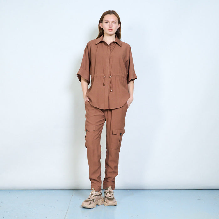 Drawstring waist short sleeve shirt blouse wholesale