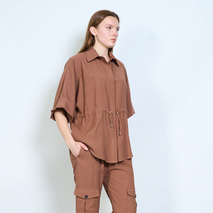 Drawstring waist short sleeve shirt blouse wholesale