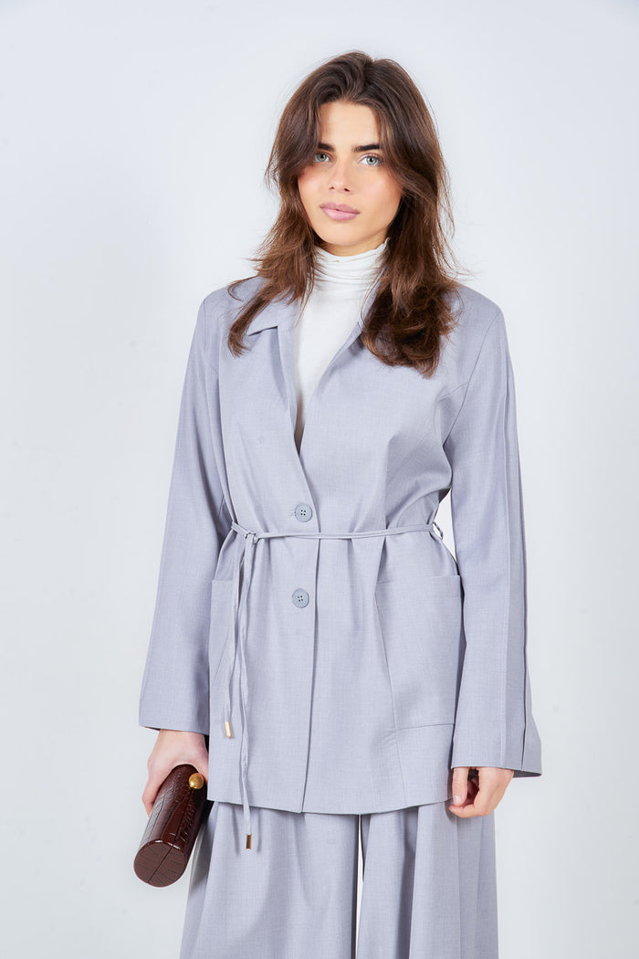 Drawstring waist tailored blazer with patch pockets and notch lapel wholesale