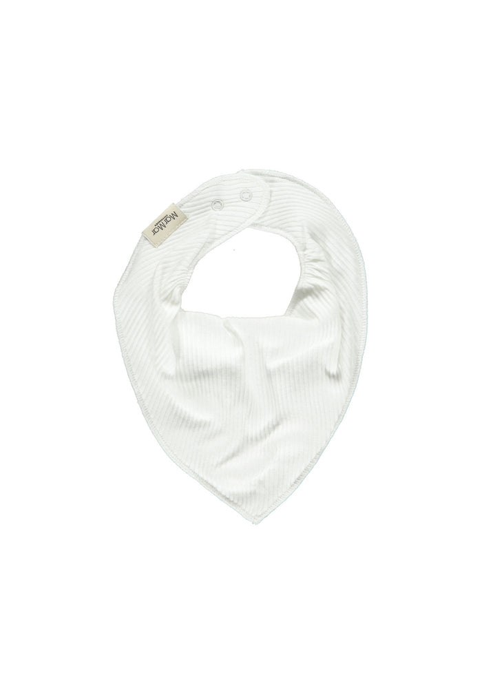 Hvid bandana-hagesmæk med justerbar lukning og syning ved kanten