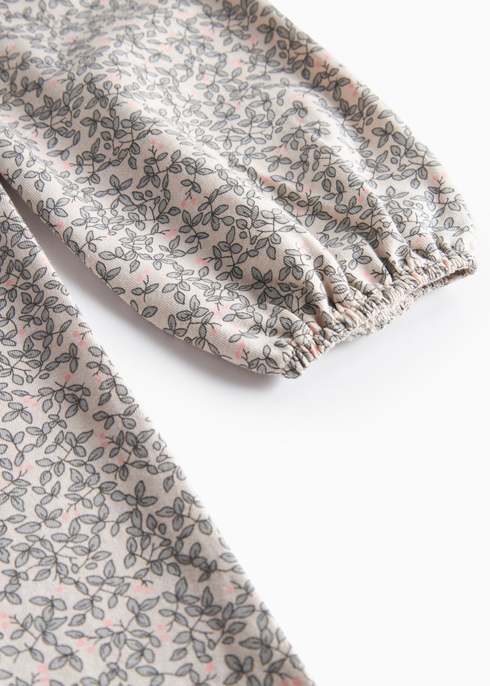 Mønstret kjole med lange ærmer og elastisk manchet, beige med små motiver