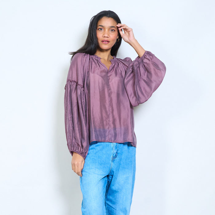 Elastic neckline sheer long sleeve blouse wholesale