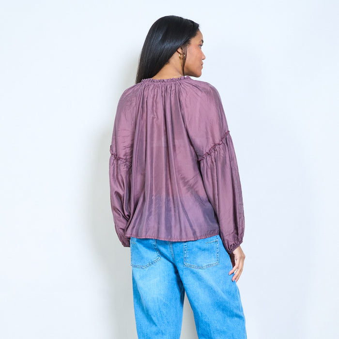 Elastic neckline sheer long sleeve blouse wholesale