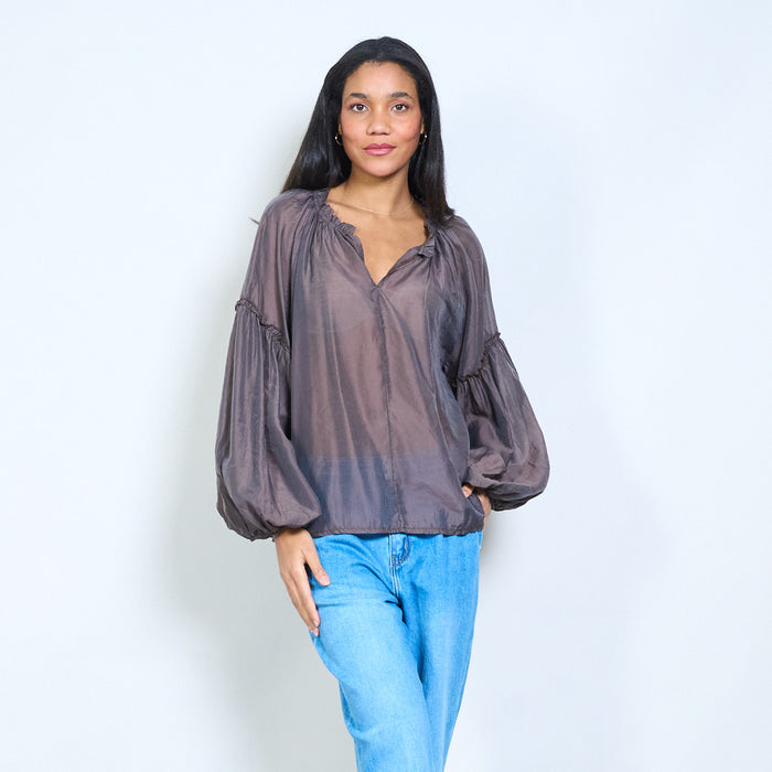 Elastic neckline sheer long sleeve blouse wholesale