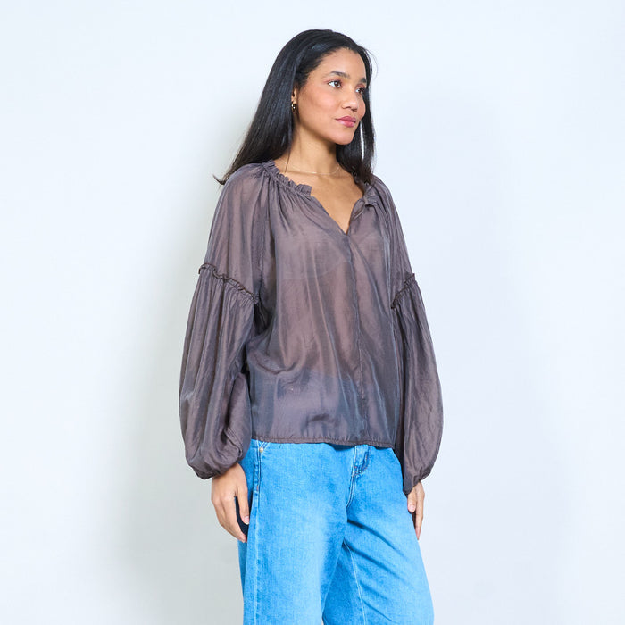 Elastic neckline sheer long sleeve blouse wholesale