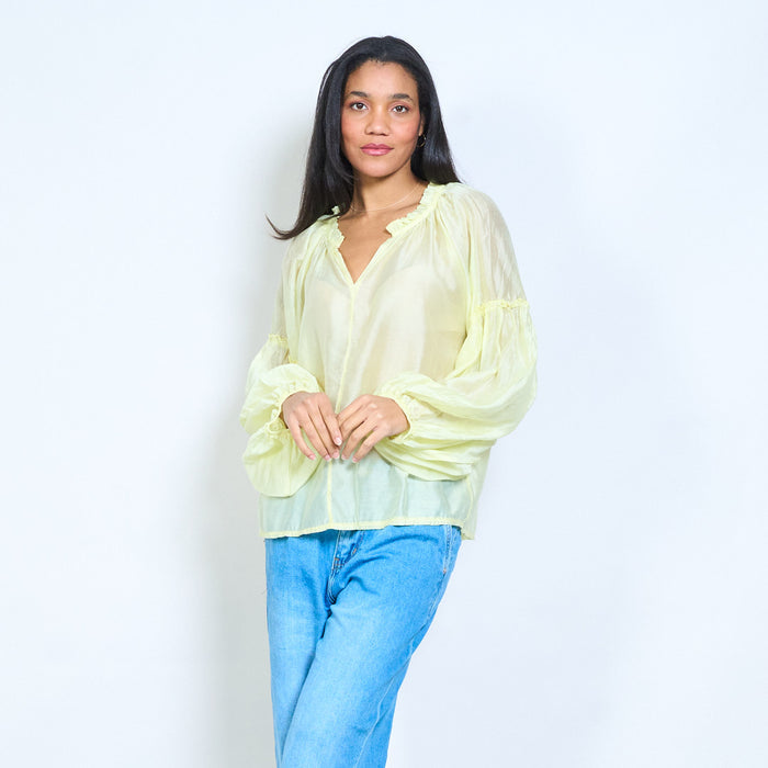 Elastic neckline sheer long sleeve blouse wholesale