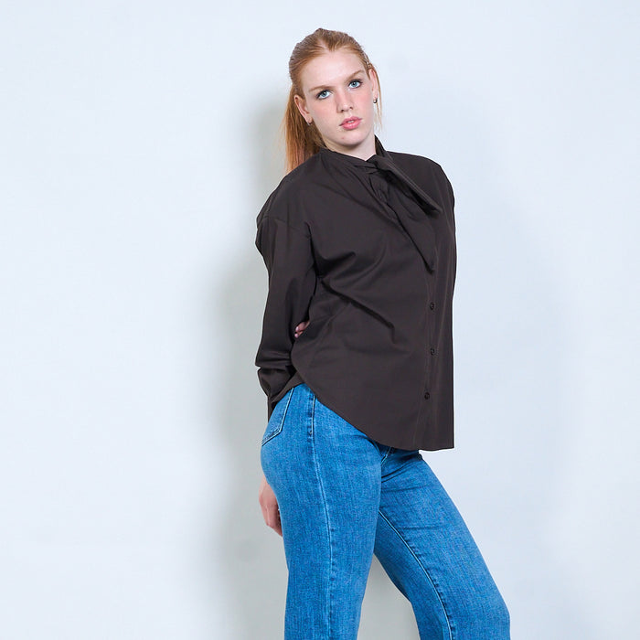 Elegant bow-tie neck button-down blouse wholesale