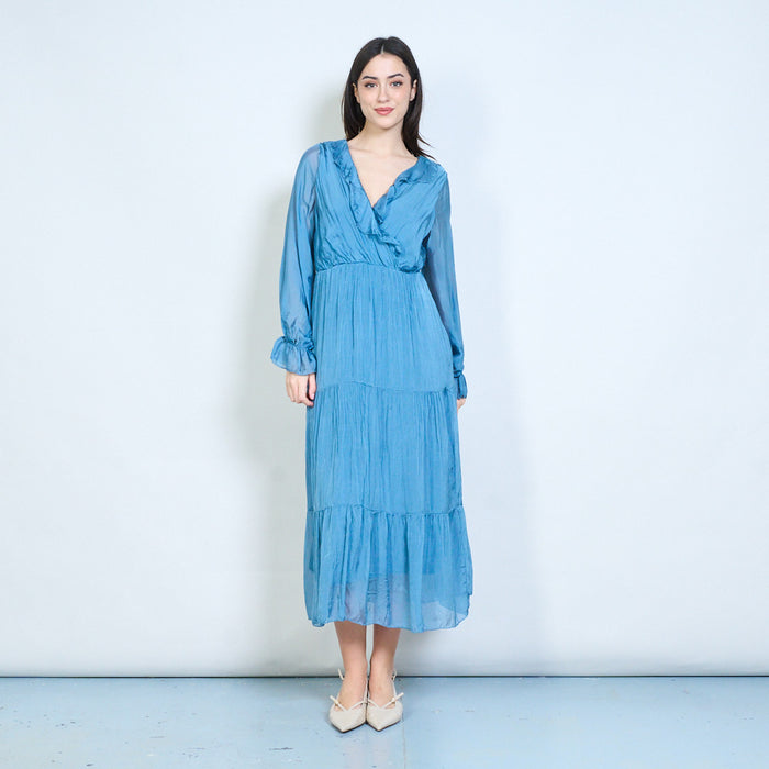 Elegant ruffle wrap neckline tiered maxi dress wholesale