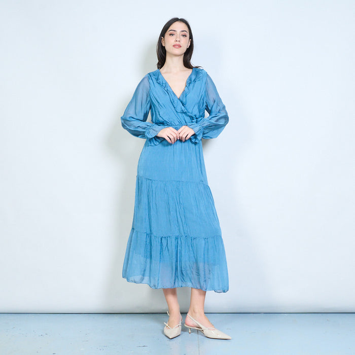 Elegant ruffle wrap neckline tiered maxi dress wholesale