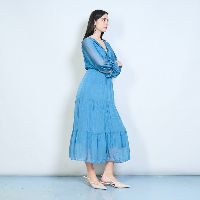Elegant ruffle wrap neckline tiered maxi dress wholesale