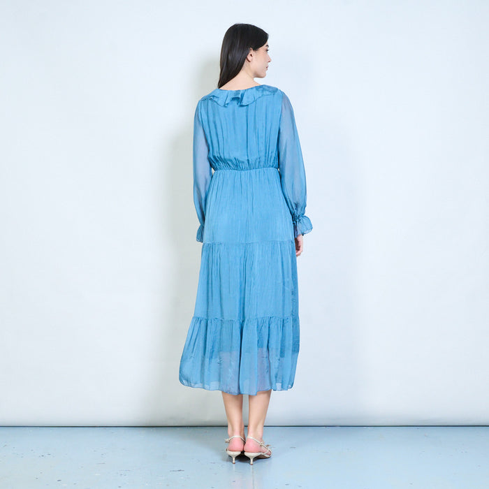 Elegant ruffle wrap neckline tiered maxi dress wholesale