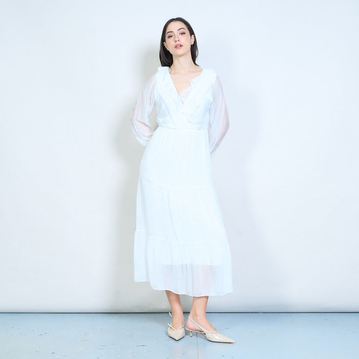Elegant ruffle wrap neckline tiered maxi dress wholesale