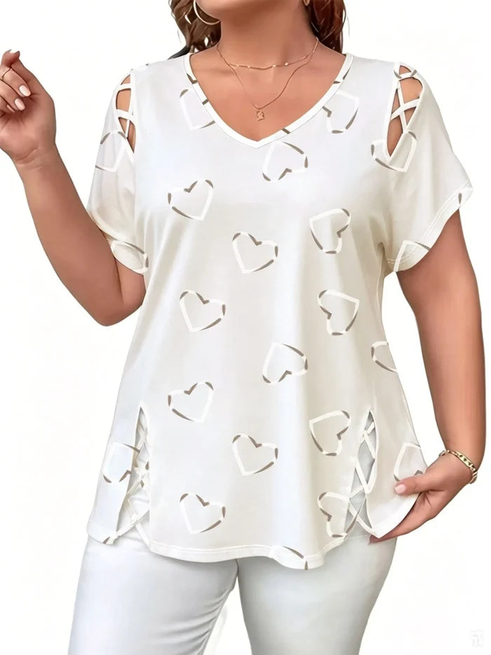 Elowra - Blouse femme col V avec imprimé cœurs