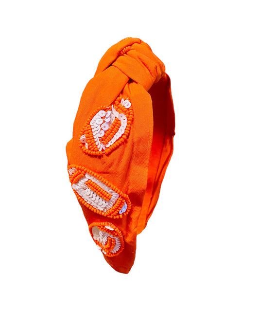 Embellished Orange with Sequin White Footballs Knotted Headband