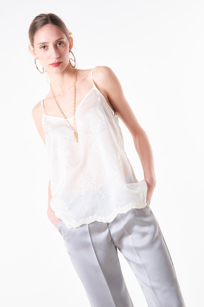 Embroidered floral lace trim camisole top with scalloped hem wholesale